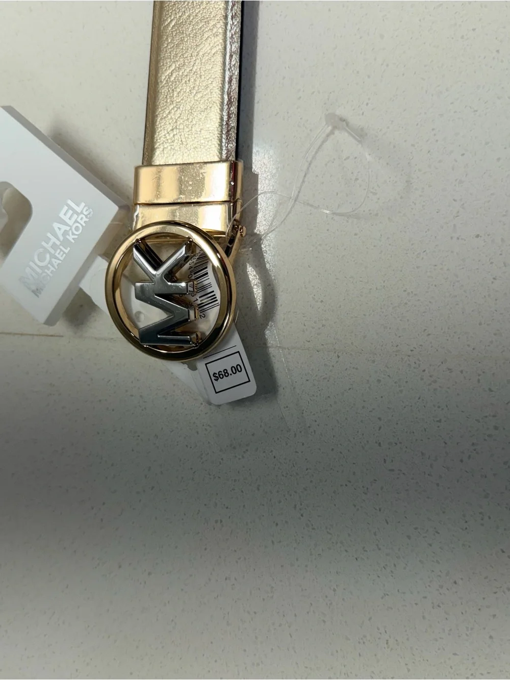 Michael Kors gold  Leather Belt with Gold and silver MK Round Buckle